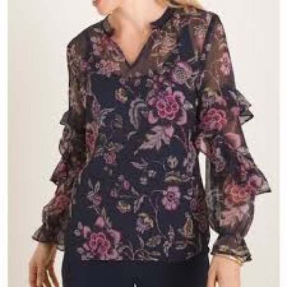 Chico's Tops - Chico’s Chiffon Floral Ruffle Blouse Long Sleeve Feminine Sheer w/Camisole